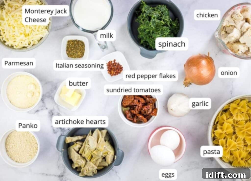 Chicken Florentine Artichoke Casserole 4 Labeled ingredients to make Chicken Florentine Bake.