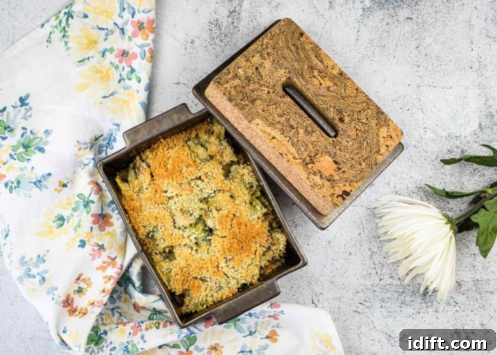 Chicken Florentine Artichoke Casserole 5 A top-down shot of the casserole in a baking dish.