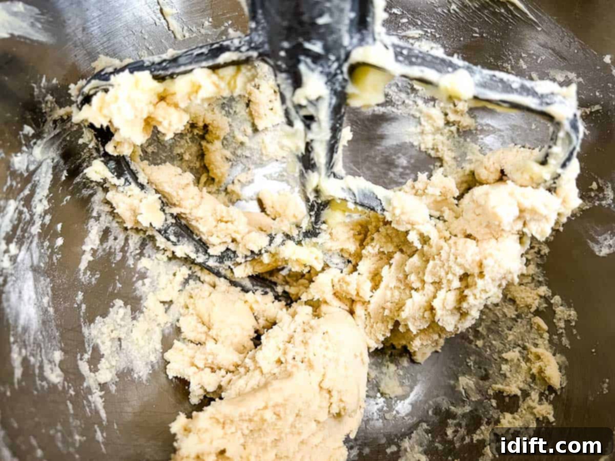 Spring Blossom Shortbread with Cheerful Candy Drops 8 Mixing butter and sugar in a stand mixer, then adding flour until a dough forms.