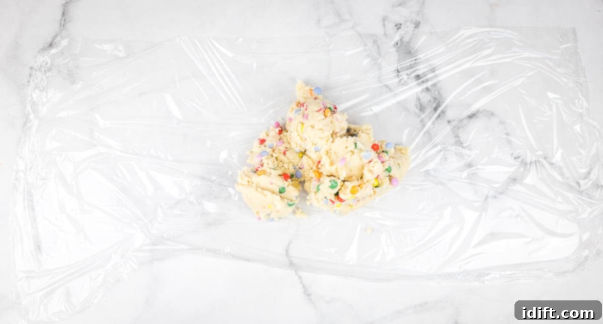 Spring Blossom Shortbread with Cheerful Candy Drops 9 Dough turned out onto plastic wrap, ready for shaping.