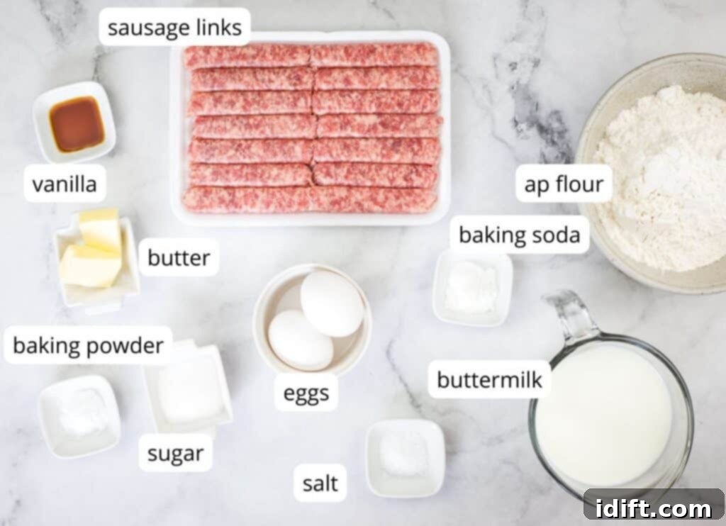 Sausage Pancake Poppers 4 Labeled ingredients to make Pancake Bites with Sausage, neatly arranged for preparation.