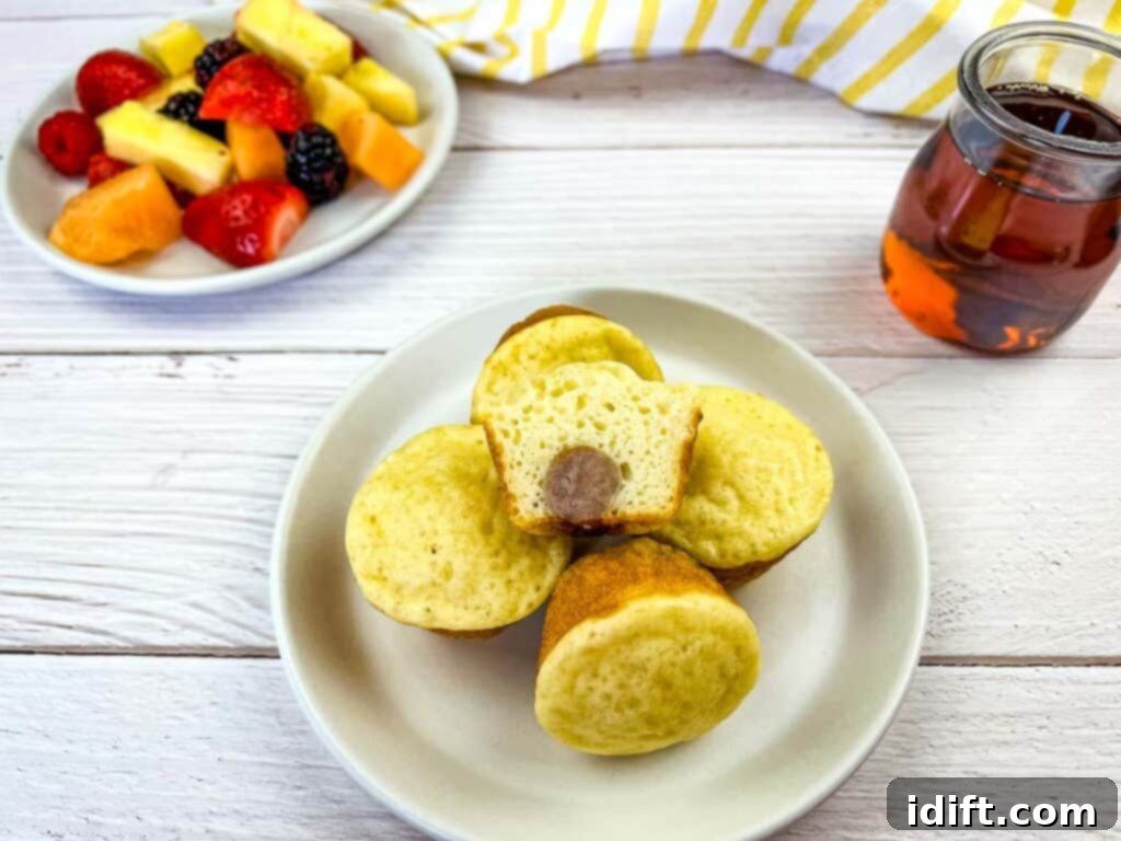Sausage Pancake Poppers 5 Finished Pancake and Sausage Bites on a plate with fresh fruit, ready to be served and enjoyed.