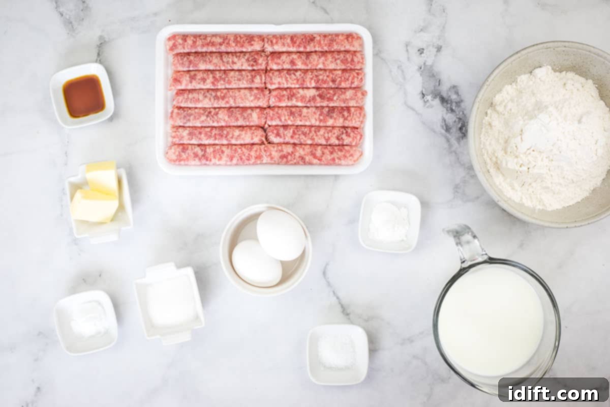 Sausage Pancake Poppers 6 Ingredients for Pancake and Sausage Bites laid out on a counter, ready for preparation.