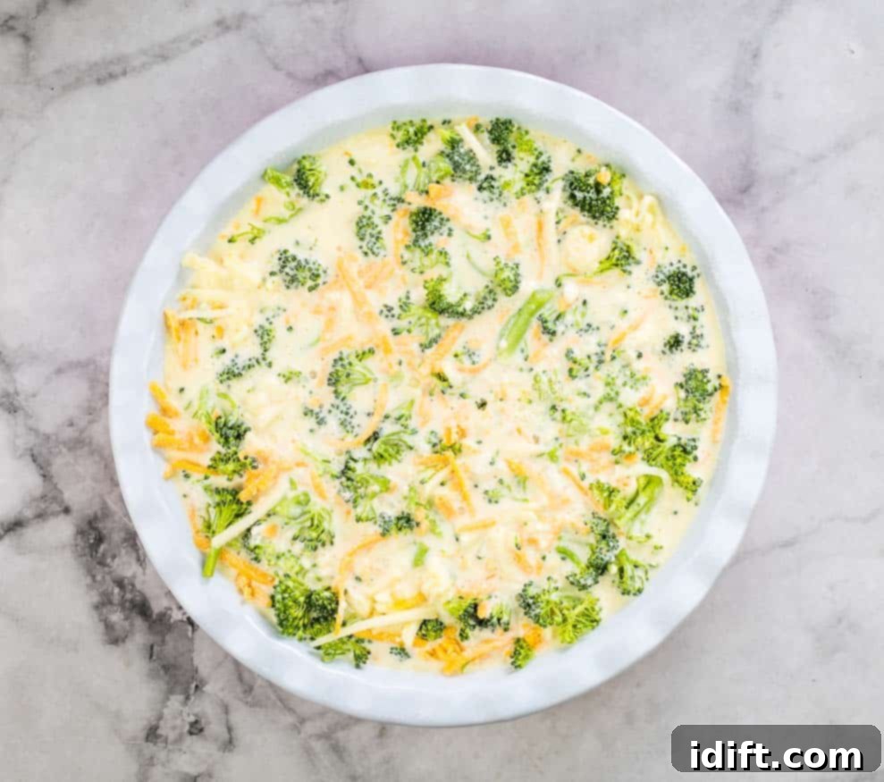 Impossible Broccoli Three-Cheese Quiche 11 The complete quiche filling, a mix of broccoli, cheeses, and custard, poured into a greased pie dish, ready for baking.
