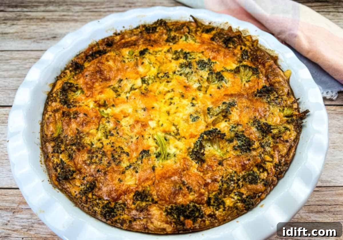 Impossible Broccoli Three-Cheese Quiche 12 The fully baked and golden brown Broccoli 3-Cheese Impossible Quiche, still in its pie dish, having just come out of the oven.
