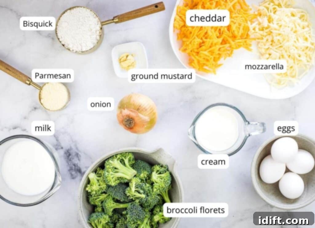 Impossible Broccoli Three-Cheese Quiche 4 A display of all the individual ingredients required to make Broccoli 3-Cheese Impossible Quiche, neatly arranged and labeled on a kitchen counter.