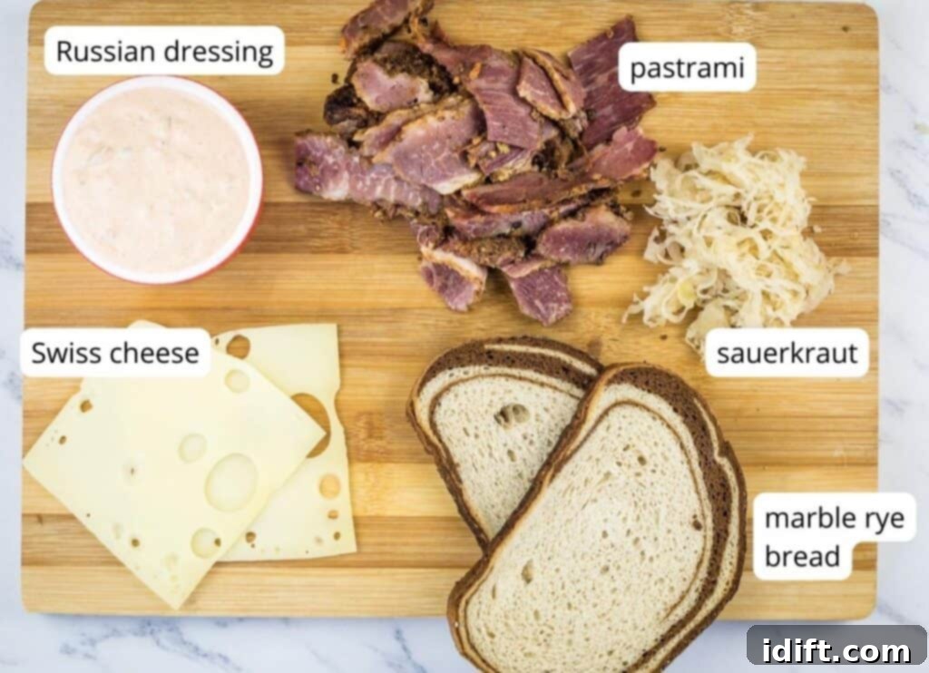 Labeled ingredients to make Pastrami Reuben Sandwich..
