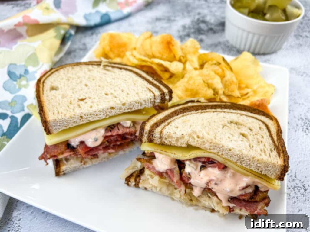 A top-down shot of a Pastrami Reuben Sandwich