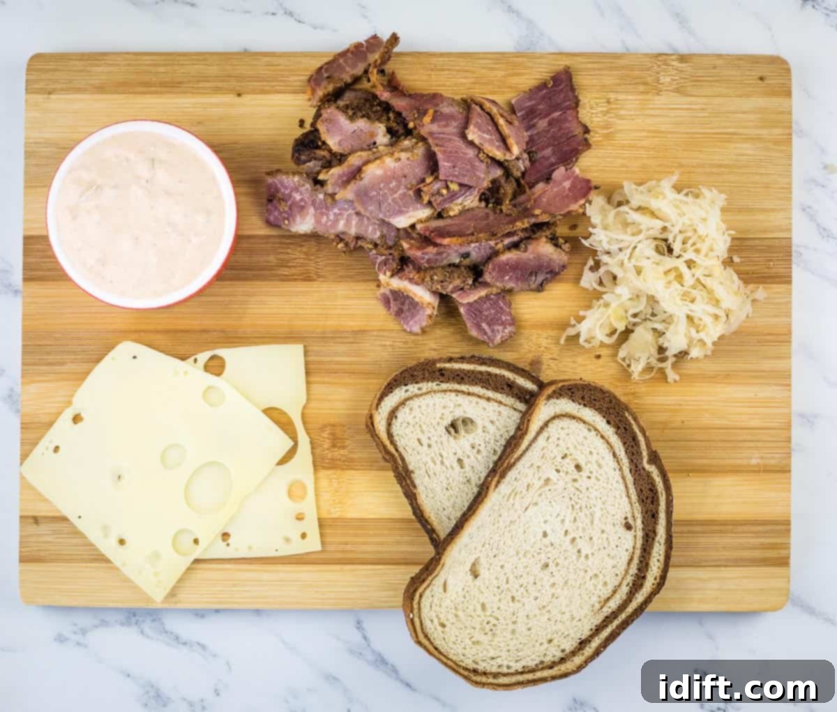 Ingredients to make Pastrami Reuben Sandwich.