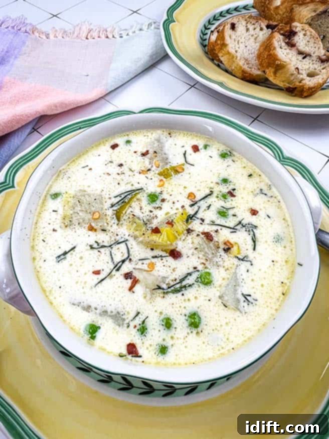 Potato and Green Pea Chowder 2 A beautiful bowl of Creamy Potato & Pea Chowder, garnished with fresh dill, with crusty bread in the background.