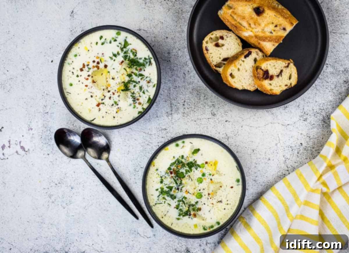 Potato and Green Pea Chowder 11 Two bowls of the finished Potato & Pea Chowder, garnished and ready to serve.