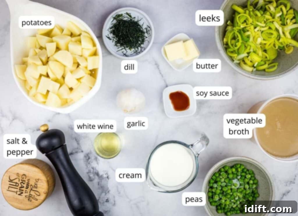 Potato and Green Pea Chowder 4 A vibrant flat lay of all the fresh, labeled ingredients needed to prepare Potato & Pea Chowder.