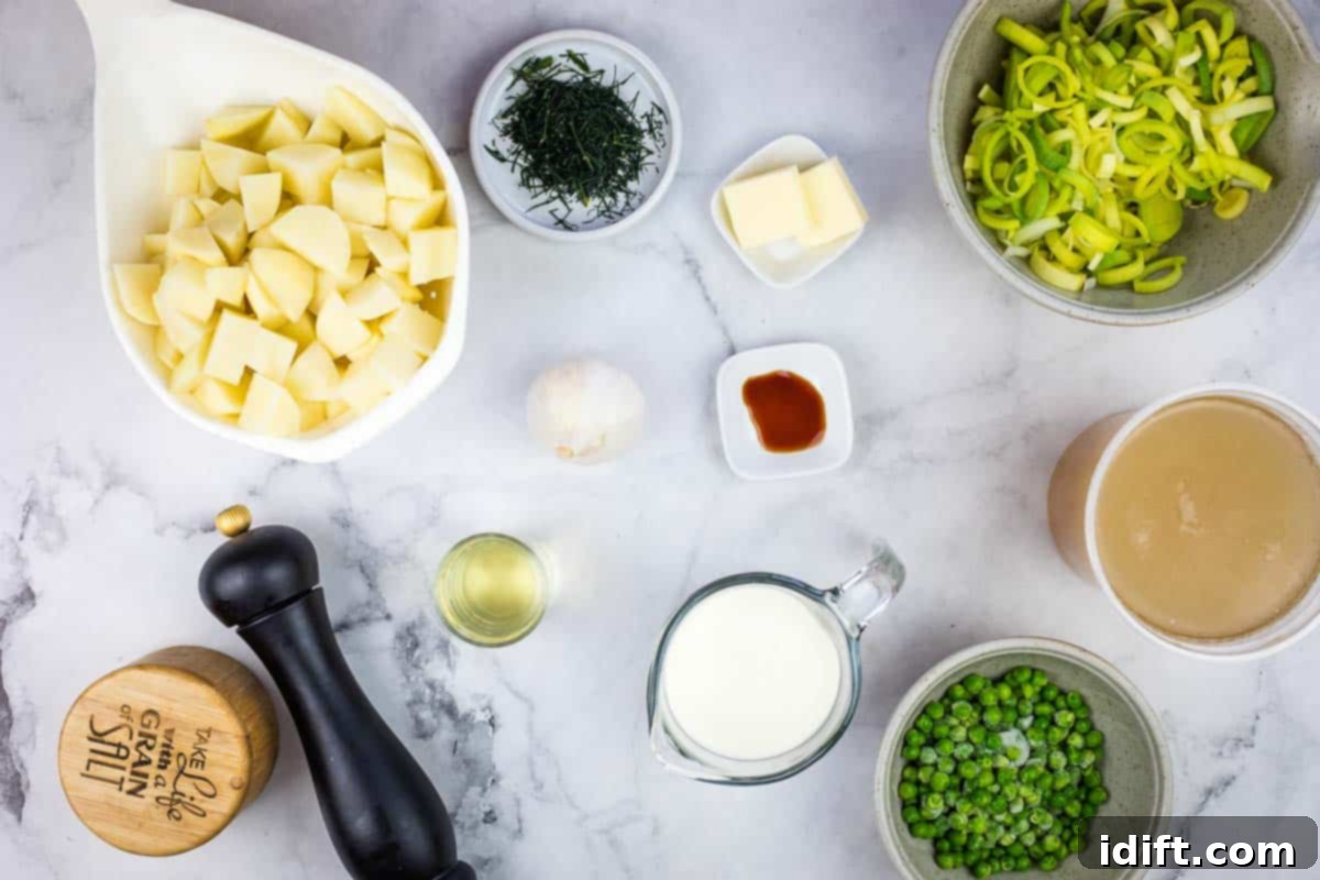 Potato and Green Pea Chowder 6 Ingredients for making Potato & Pea Chowder laid out on a surface.