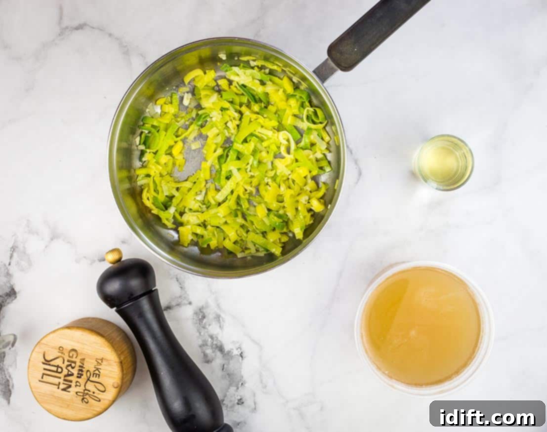 Potato and Green Pea Chowder 7 Leeks and garlic sizzling in a soup pot, building a fragrant base.