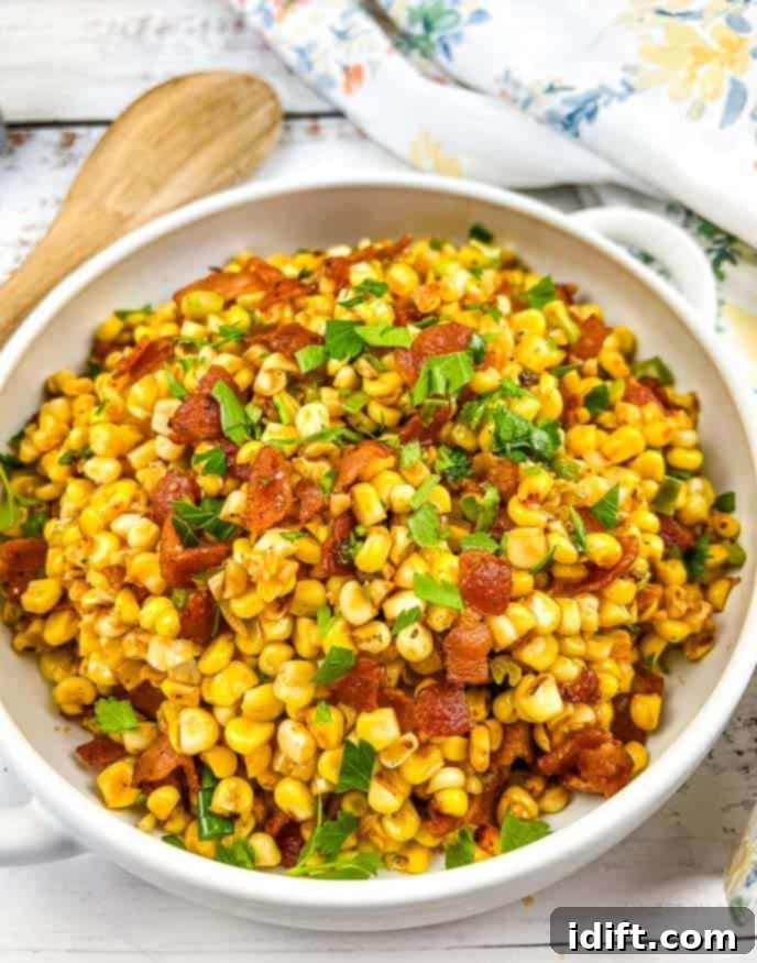 Blackstone's Sizzling Bacon Corn 2 Bacon Fried Corn in a white serving bowl, garnished with fresh parsley.