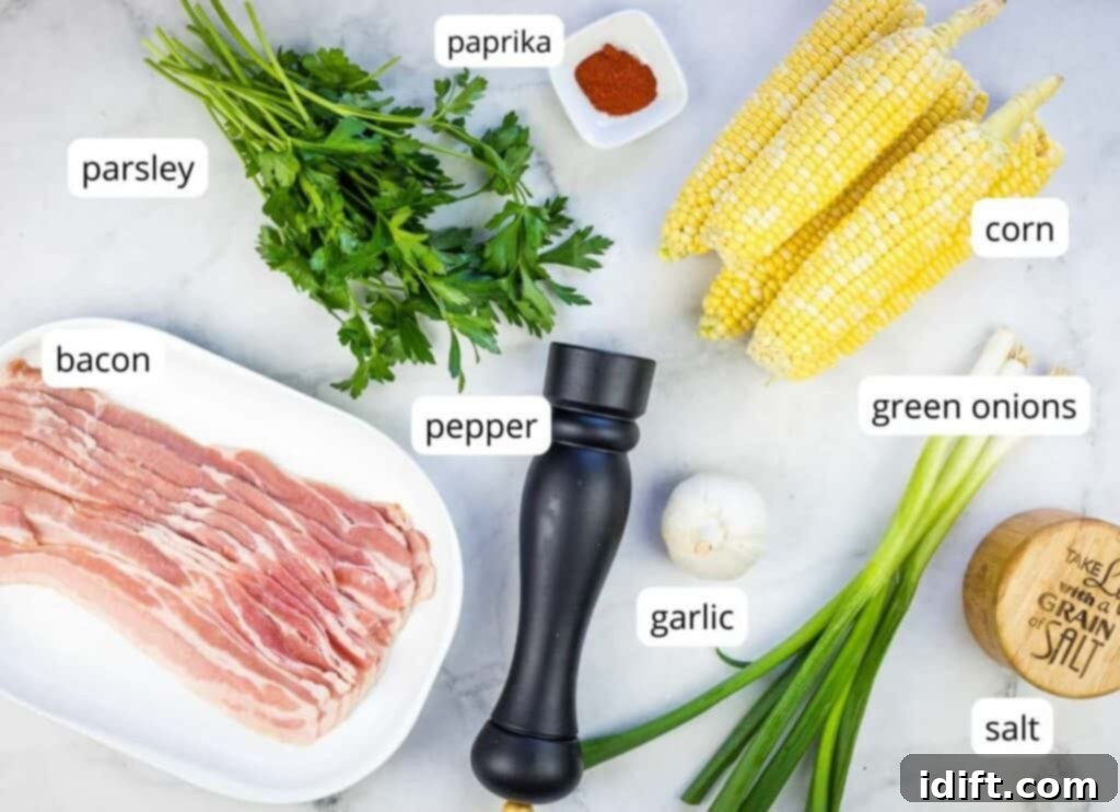 Blackstone's Sizzling Bacon Corn 4 Labeled ingredients for making Bacon Fried Corn, including bacon, corn, green onions, garlic, paprika, salt, pepper, and parsley.