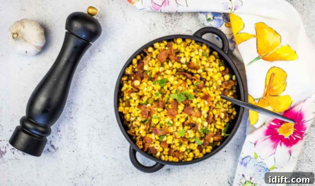Blackstone's Sizzling Bacon Corn 5 A top-down shot of Bacon Fried Corn in a black serving dish, steam rising.