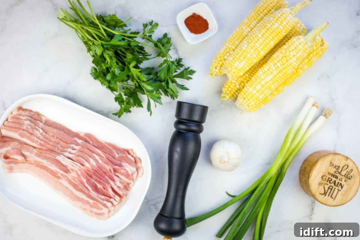 Blackstone's Sizzling Bacon Corn 6 Ingredients laid out for making Bacon-Fried Corn.