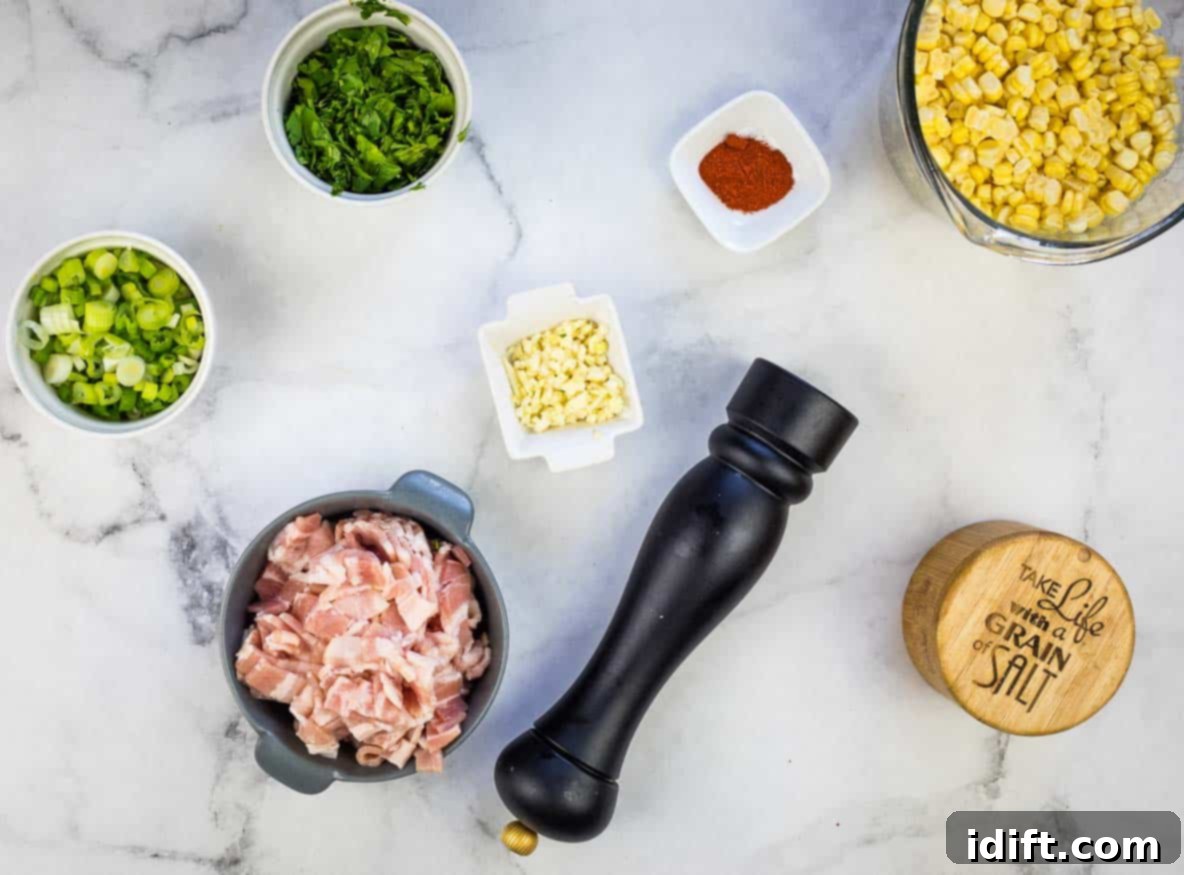 Blackstone's Sizzling Bacon Corn 7 All ingredients for Bacon-Fried Corn prepped and ready for cooking.