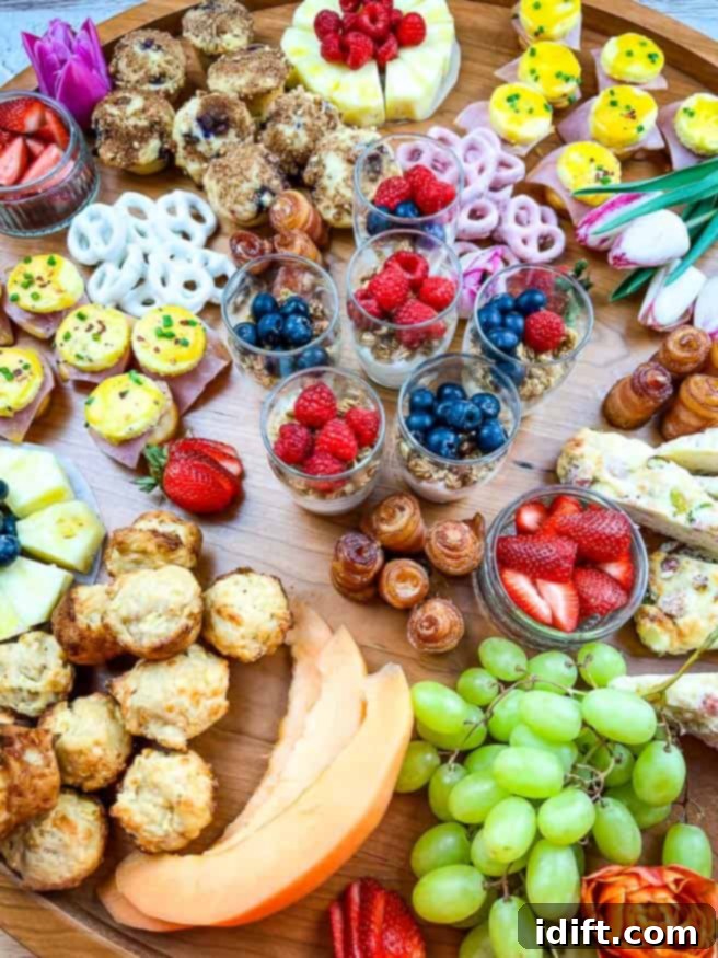Vertical shot of mother's day brunch platter, lavishly arranged with various breakfast items.