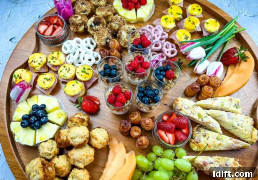 Horizontal shot of a sprawling Mother's Day brunch platter, brimming with an assortment of breakfast foods.