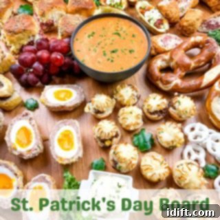 A side shot of a festive St. Patrick's Day Snack Board, featuring themed green and gold treats.