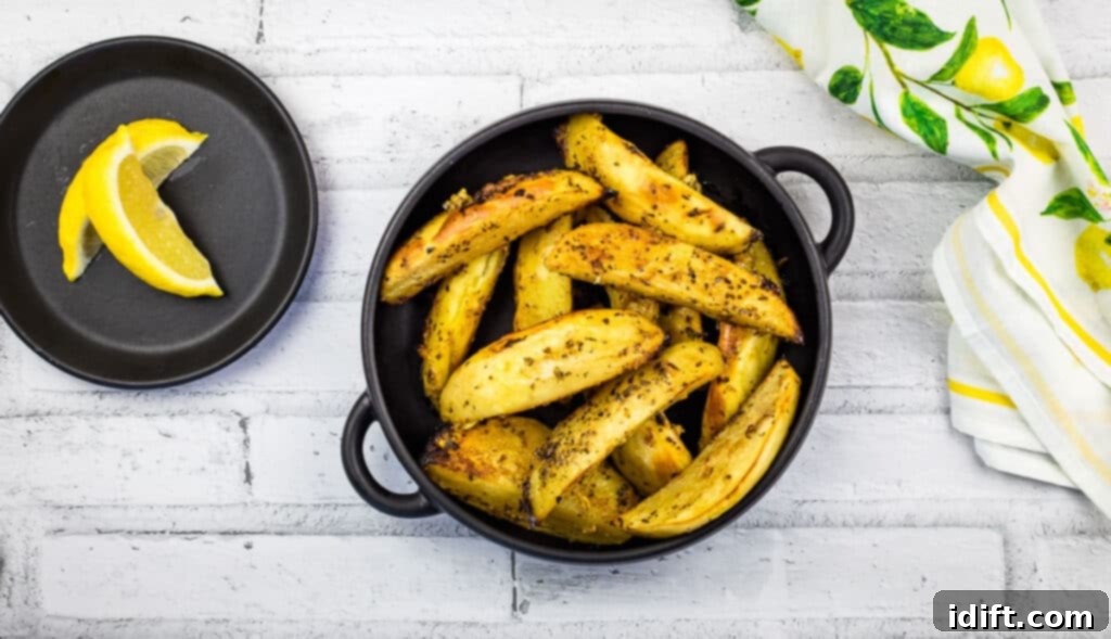 A top-down shot of Greek Lemon Potatoes in a black bowl.