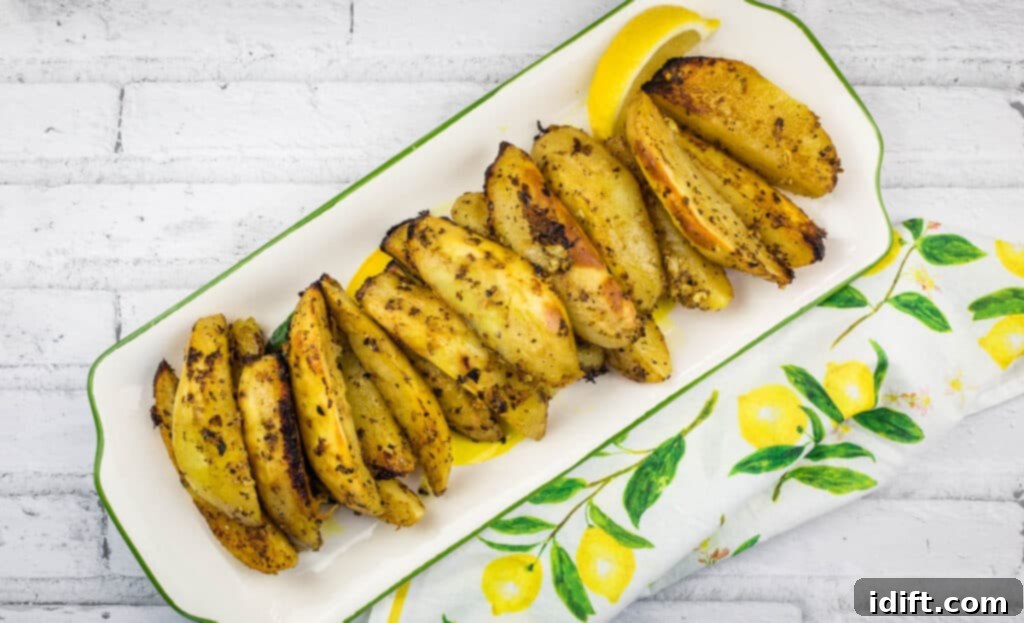  A top-down shot of Greek Lemon Potatoes on a platter.