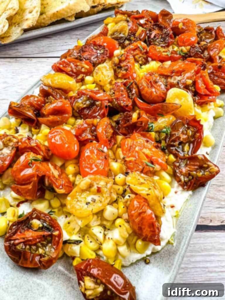 A vibrant Tomato Bruschetta Board featuring toasted bread slices in the background, ready for serving.