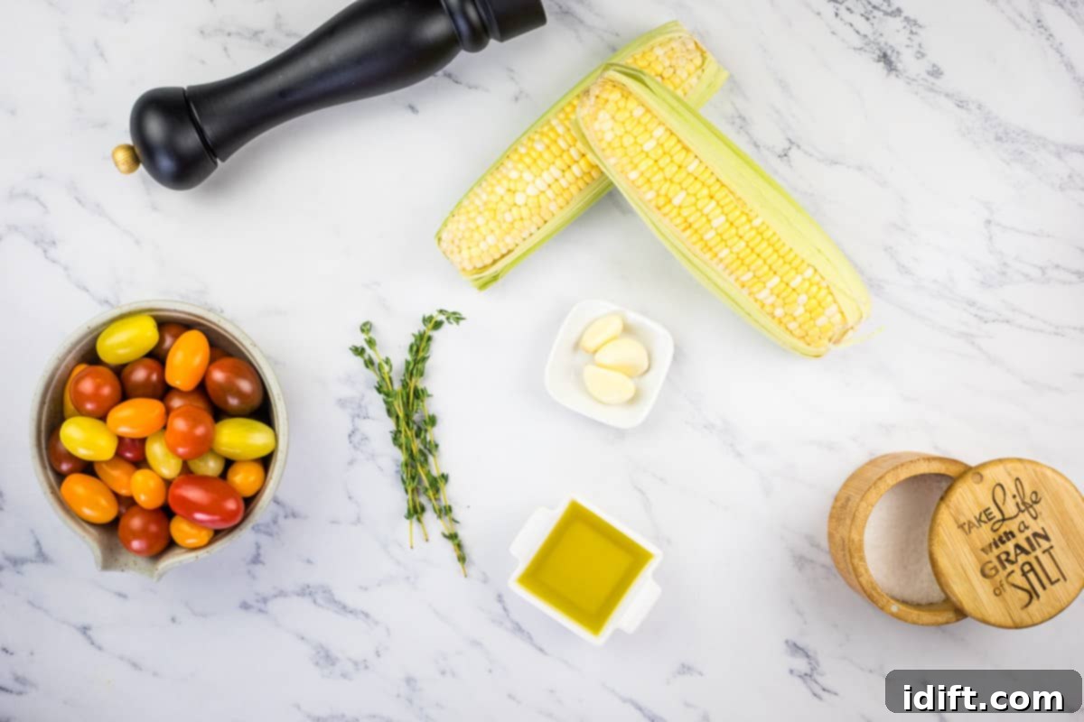 A collection of ingredients neatly arranged for making a Tomato Bruschetta Board.
