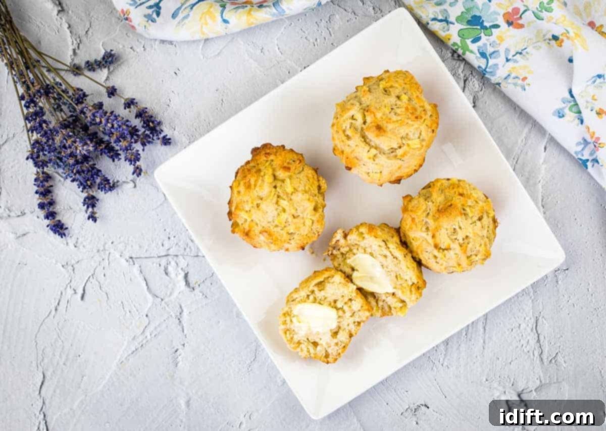 A freshly baked Apple Cheddar Muffin, warm and inviting, topped with a small pat of butter.