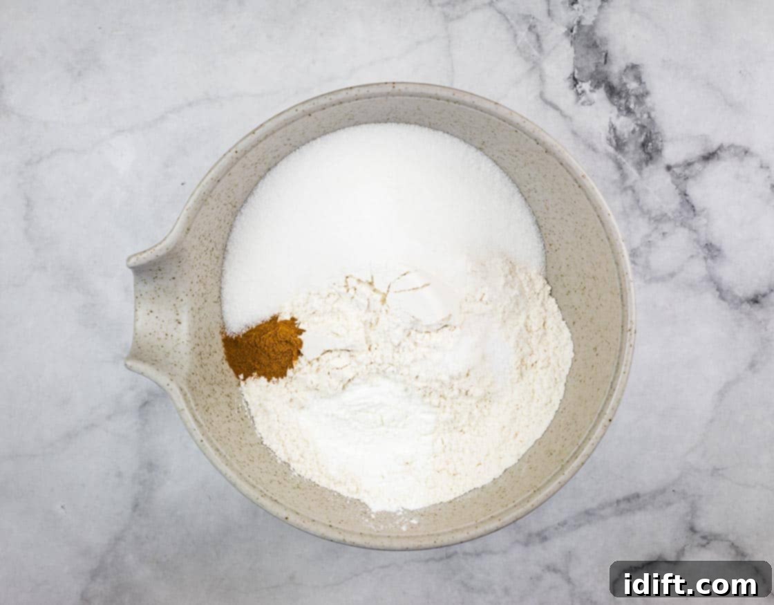 A large mixing bowl containing the perfectly combined dry ingredients: flour, sugar, baking powder, salt, and cinnamon.