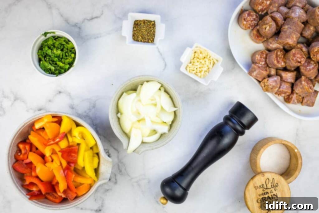 Fresh ingredients prepped for Blackstone Sausage & Peppers.