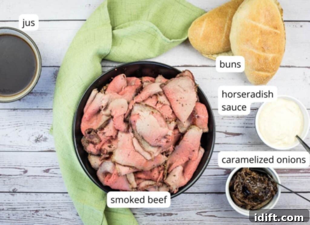 Labeled ingredients to make Smoked French Dip Sandwiches.