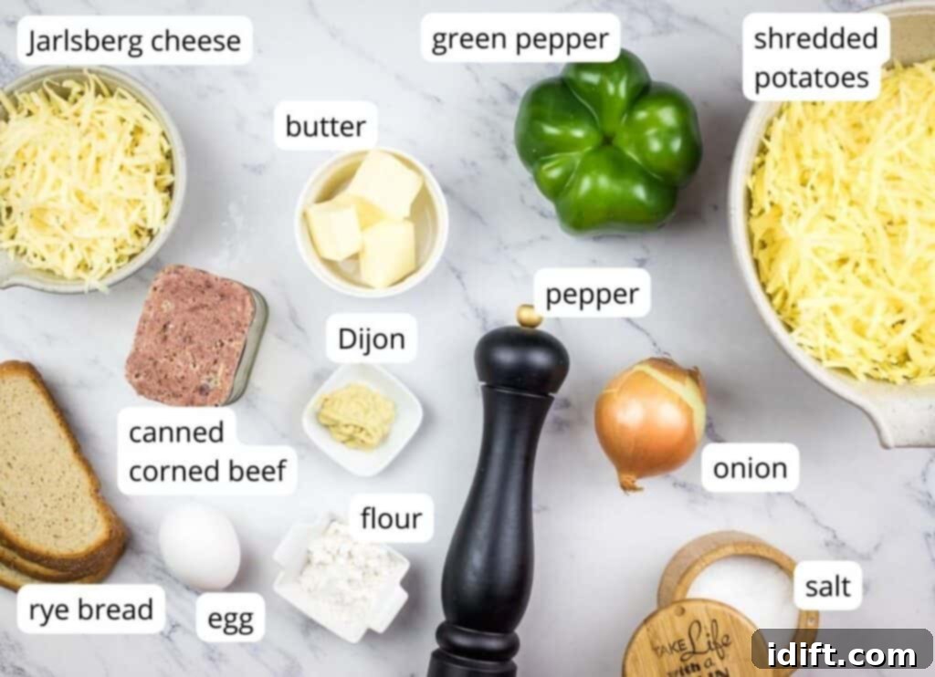 Hearty Corned Beef Hash Bake 4 Clearly labeled ingredients arranged for making Canned Corned Beef Hash, including canned beef, shredded potatoes, and fresh vegetables.
