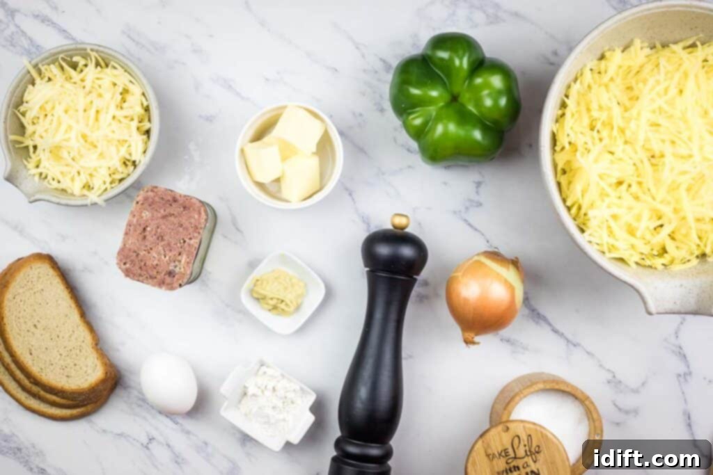 Ingredients for Corned Beef Hash Casserole laid out on a counter.
