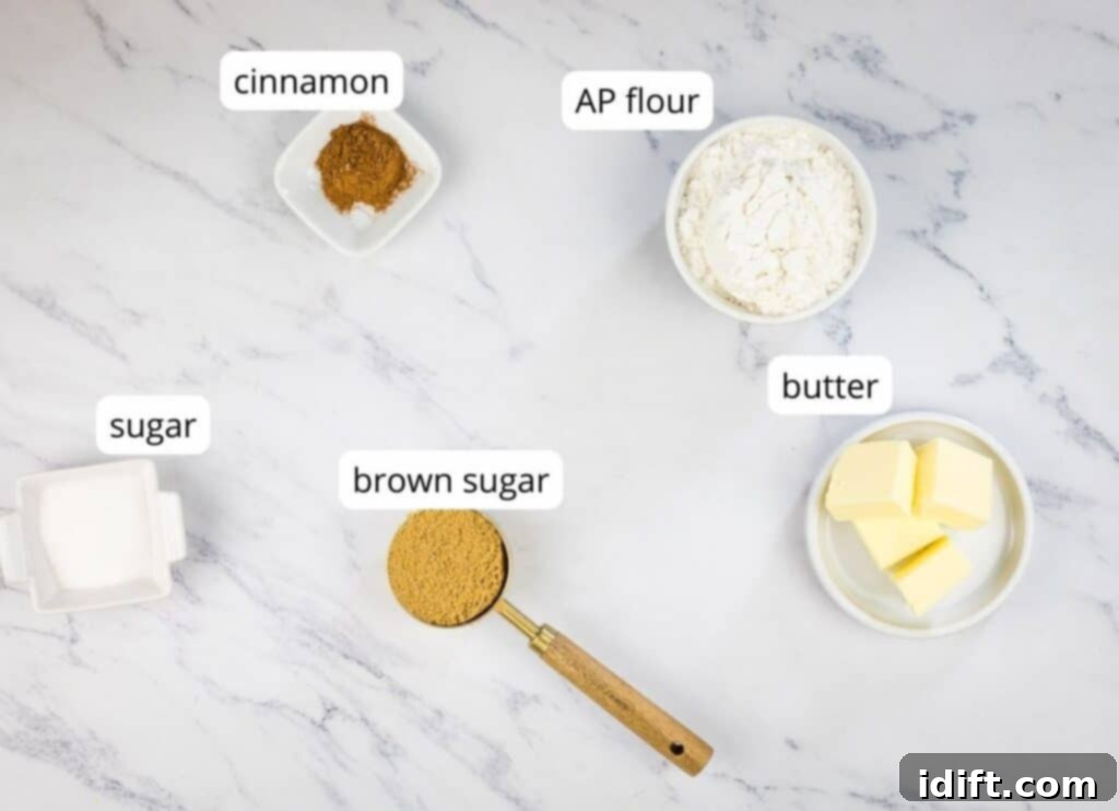 Vibrant Blueberry Rhubarb Muffins 5 Labeled ingredients specifically for making the streusel topping, including dark brown sugar, white sugar, flour, melted butter, and cinnamon.