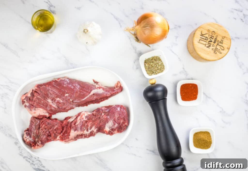 Tender Hanger Steak with Bright Chimichurri 7 All the ingredients neatly laid out on a table for making Grilled Hanger Steak.