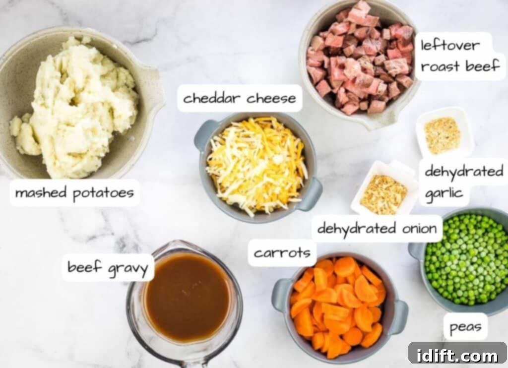 Ingredients laid out to make Leftover Roast Beef Shepherd's Pie.