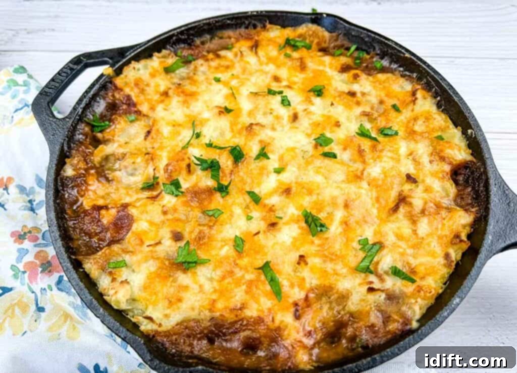 Leftover Roast Beef Shepherd's Pie in a baking dish before serving.