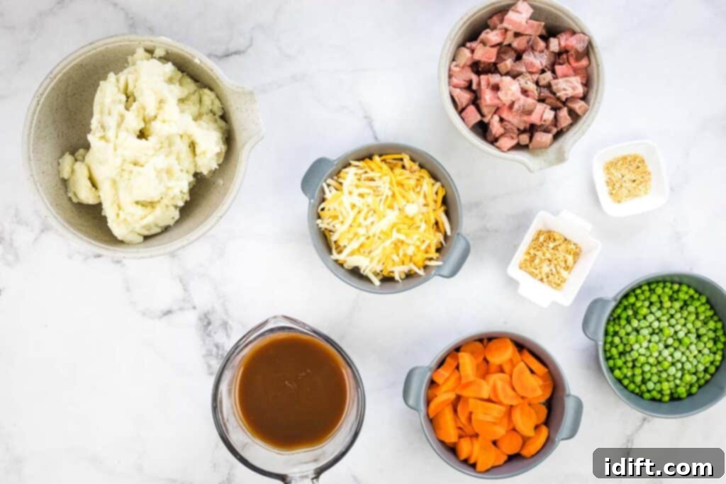 Ingredients to make Leftover Roast Beef Shepherd's Pie are displayed on a counter.