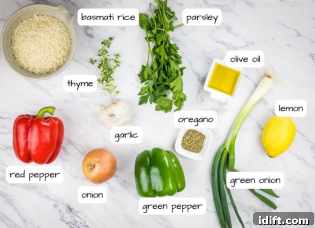 Vibrant Mediterranean Rice 4 Labeled ingredients ready to make Mediterranean Rice.