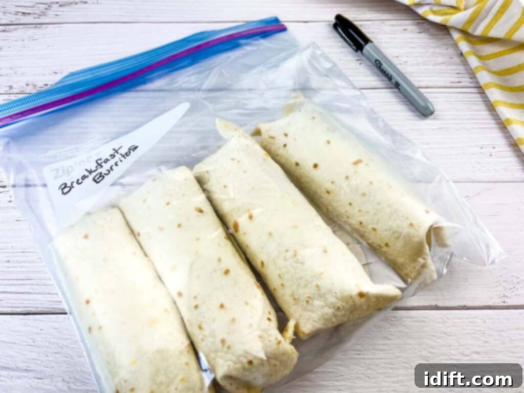 Breakfast burritos in a bag ready for freezing.