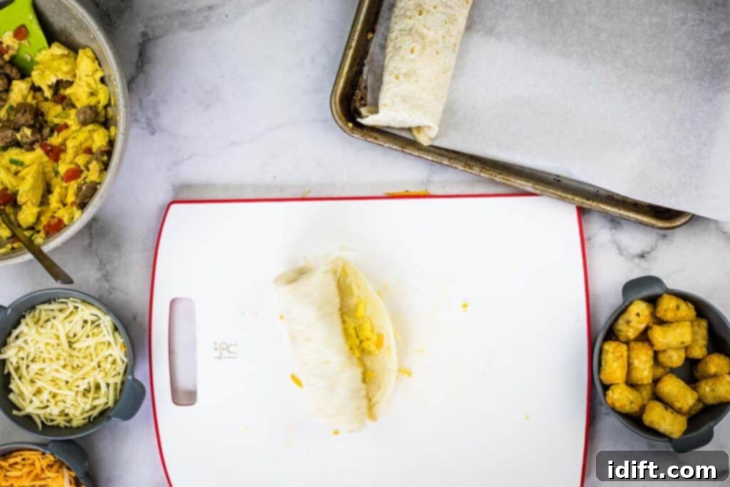 Partially rolled Freezer Breakfast Burrito.