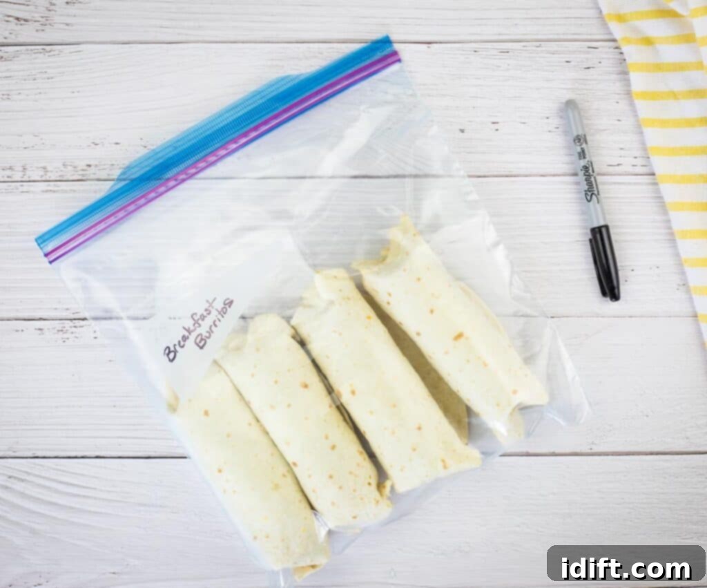 Frozen burritos in a zipper top bag.