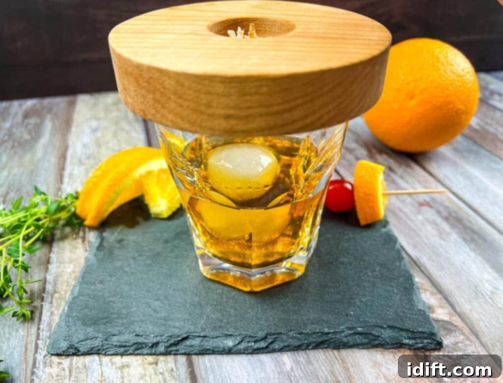 Wooden plate on top of the cocktail.