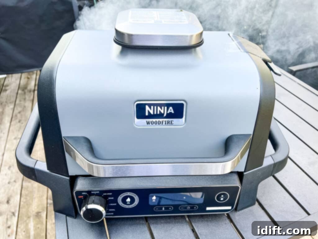 Ninja Woodfire Outdoor Grill: Is It Worth Buying? 2 An image of a closed Ninja Woodfire Grill with smoke coming out of it.