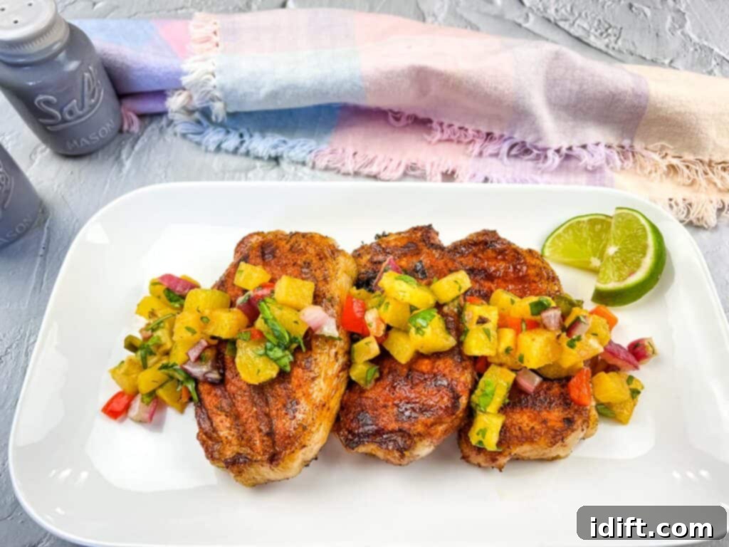 A beautifully plated dish featuring grilled pork chops topped with a generous amount of fresh grilled pineapple salsa, ready to be served.