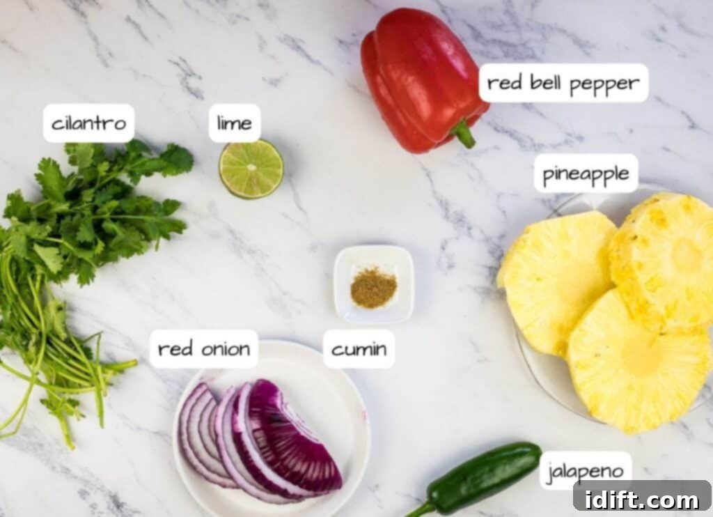 Clearly labeled ingredients for the grilled pineapple salsa, featuring grilled pineapple slices, red bell pepper, red onion, whole jalapeño, fresh cilantro, lime, and ground cumin.