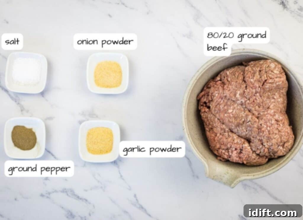 Griddle Gold: The Art of the Blackstone Smash Burger 4 Labeled ingredients laid out on a counter, ready to make Blackstone Smash Burgers.